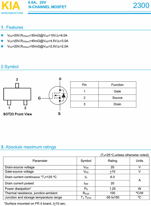 MOS管2300 6A20V SOT23