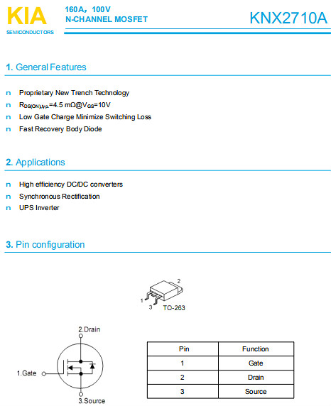 5G通訊基站保護板專用MOS管,KNX2710A,160A/100V