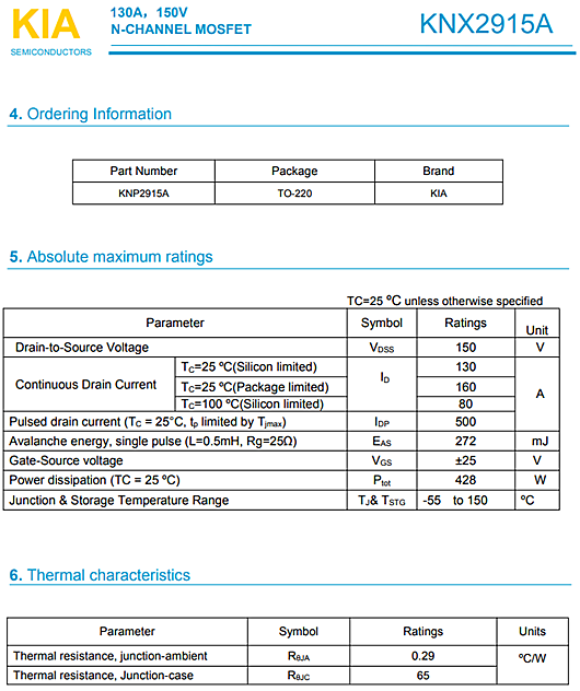 MOS管，KNP2915A參數(shù)規(guī)格，150V130A